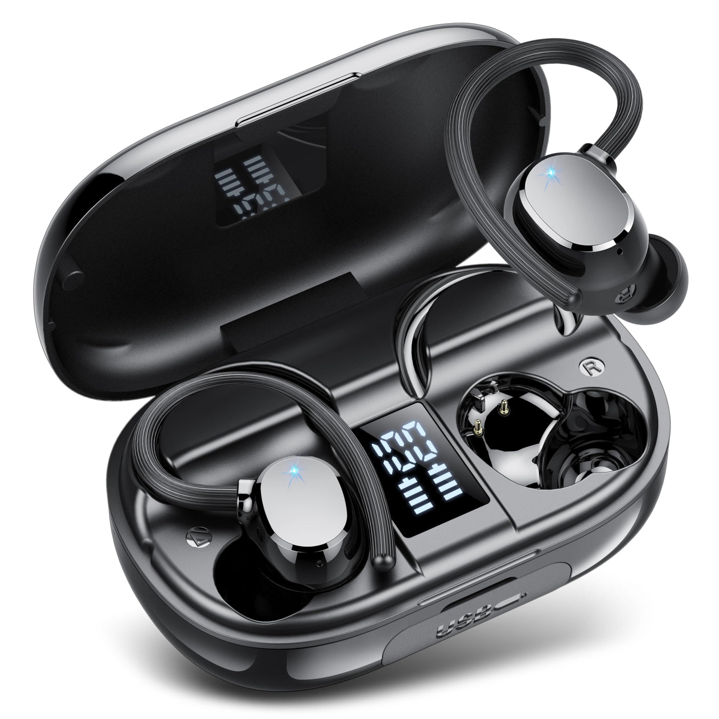 Bluetooth Kopfhörer Sport, Kopfhörer Kabellos Bluetooth 5.3 mit 4 ENC Noise Cancelling Mic, 128 Std mit Ladekoffer LED Anzeige, Bequemer Sitz, IPX7 wasserdichte Ohrhörer mit Ohrhaken für iOS Android