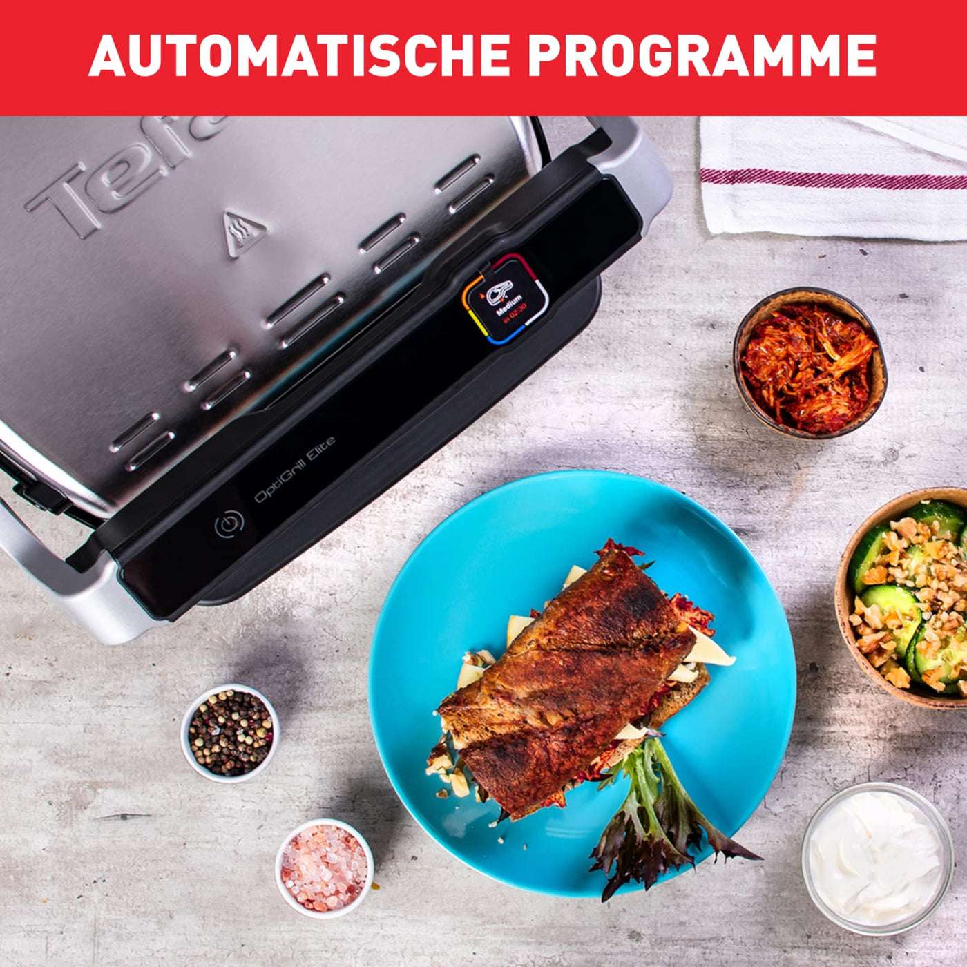 Tefal OptiGrill Elite Kontaktgrill, 12 Programme, Digitales Display mit Garstufenanzeige, Abnehmbare Platten, Elektrogrill, Edelstahl, GC750D16