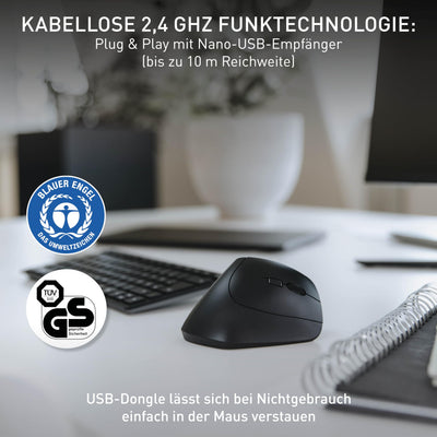 CHERRY MW 4500, Ergonomische Vertikale Maus für Rechtshänder, Kabellos (2,4 GHz Funk), 3-stufig regelbare Auflösung bis 1200 dpi, Batteriebetrieben, Schwarz