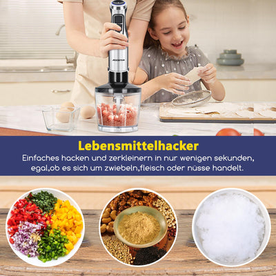 Aigostar Buckle - Stabmixer Set 4 in 1, Pürierstab Edelstahl 1000 W, Rührstab mit 6 Geschwindigkeiten, Zauberstab Mixer mit 600ml Messbecher, 500ml Lebensmittelhacker, 1 Schneebesen.