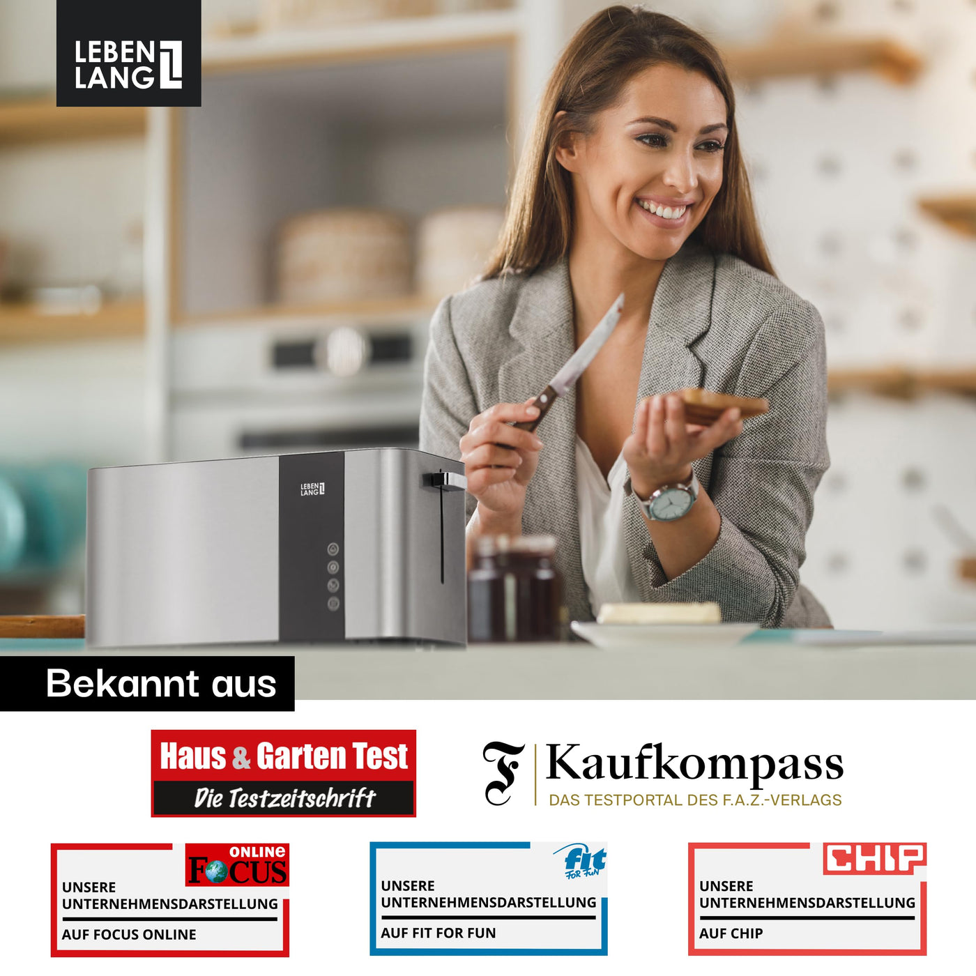 LEBENLANG Langschlitz Toaster 4 Scheiben mit Brötchenaufsatz - Touchscreen LED Display & 7 Stufen I 1400W 4er Langschlitztoaster Edelstahl Gebürstet I Smart Touch Toster für große Toastscheiben xxl