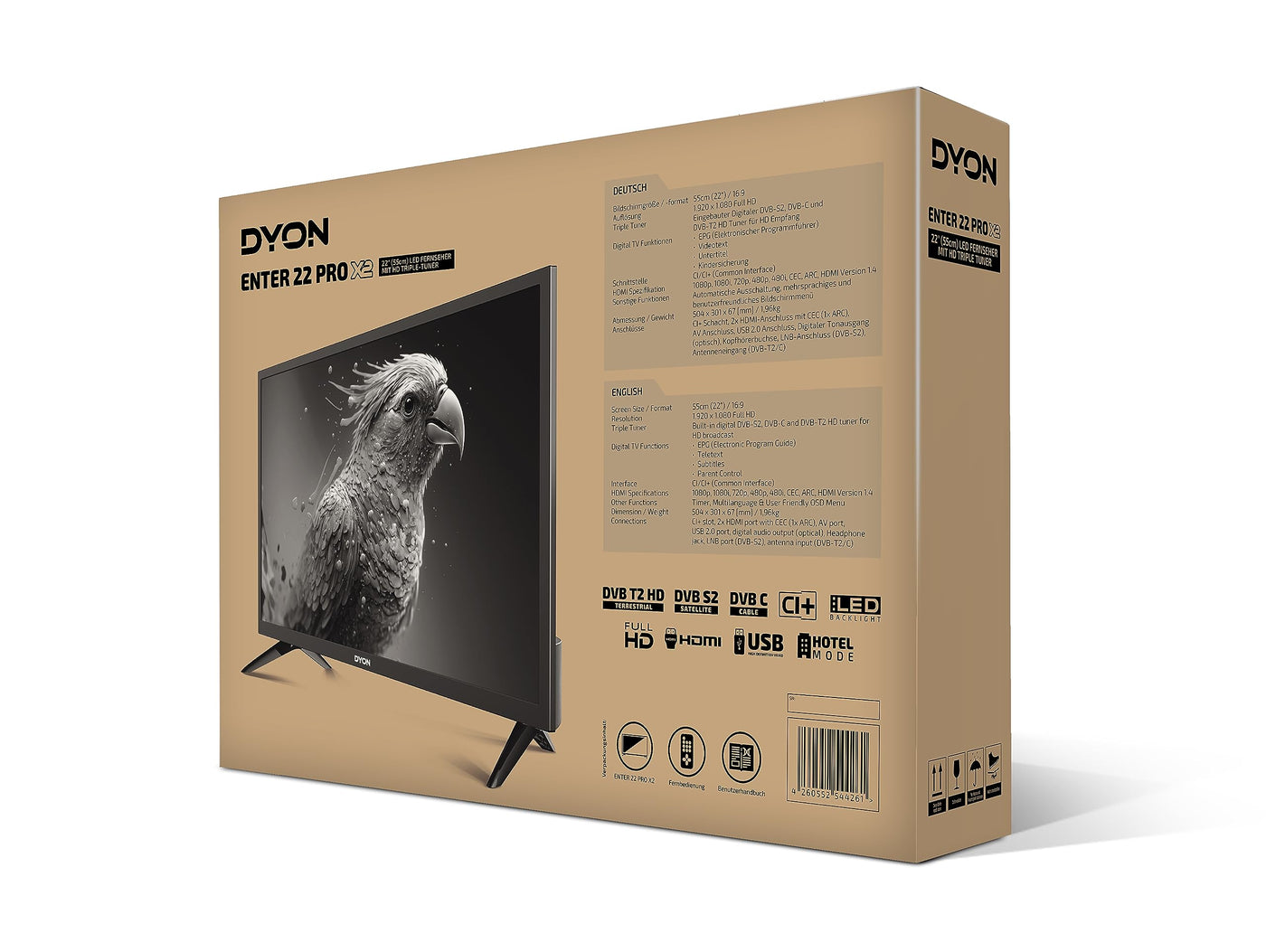 DYON Enter 22 Pro X2 55 cm (22 Zoll) Full-HD Fernseher (Triple Tuner (DVB-C/-S2/-T2), Hotelmodus, USB-Media Player) [Modelljahr 2023], Schwarz