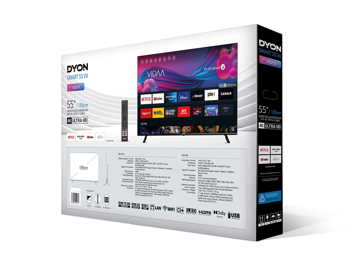 Téléviseur DYON Smart 55 VX 139 cm (55 pouces) (Smart TV 4K UHD, triple tuner HD (DVB-C/-S2/-T2), App Store, Prime Video, Netflix, YouTube, DAZN, Disney+) [Mod. [2023]