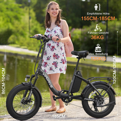 Vipdrive Elektrofahrrad 20 Zoll E-Bike Klappbar Fat Tire mit 48V 13Ah Abnehmbar Akku, E Bike für Herren und Damen, 250W Motor, LCD-Display, 25KM/H, Reichweite bis 100km Faltbares Pedelec