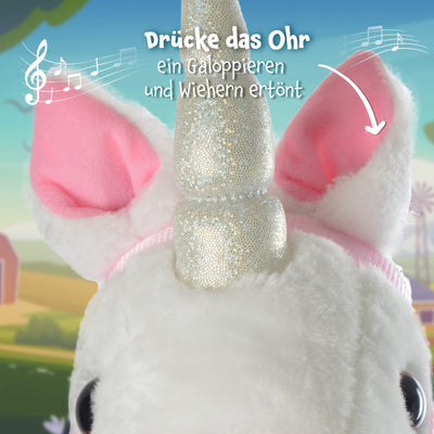 Pink Papaya Steckenpferd Einhorn, Mandy süßes Spielzeug Einhorn aus Plüsch mit Sound Funktion: Gewieher und Galoppgeräusch - Farbe: weiß mit rosa Mähne