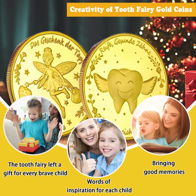 VEEKAY Zahnfee Münzen,10 Stück Zahnfee Goldtaler,Tooth Fairy Coins,Zahnfee Geschenk,Goldmünzen Kinder,Verlorenen Zahn Kinder Geschenke Souvenir,Gedenkmünze,Zahnfee Geschenke Ideen für Mädchen Junge