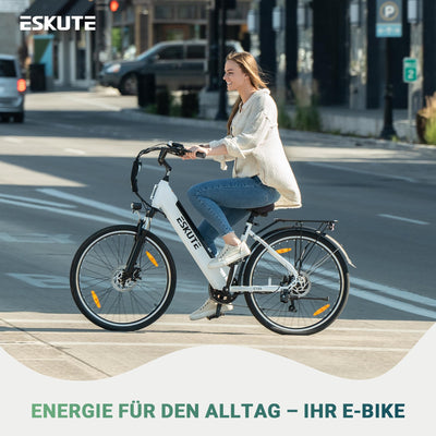 ESKUTE C100 E-Bike, 26 Zoll Elektrofahrrad, E-Cityrad 250W HeckMotor, 375Wh Wechselakku,bis zu 60km, LCD-Display, Tiefeinsteiger E-CityBike Für Damen und Herren Erwachsene Weiß