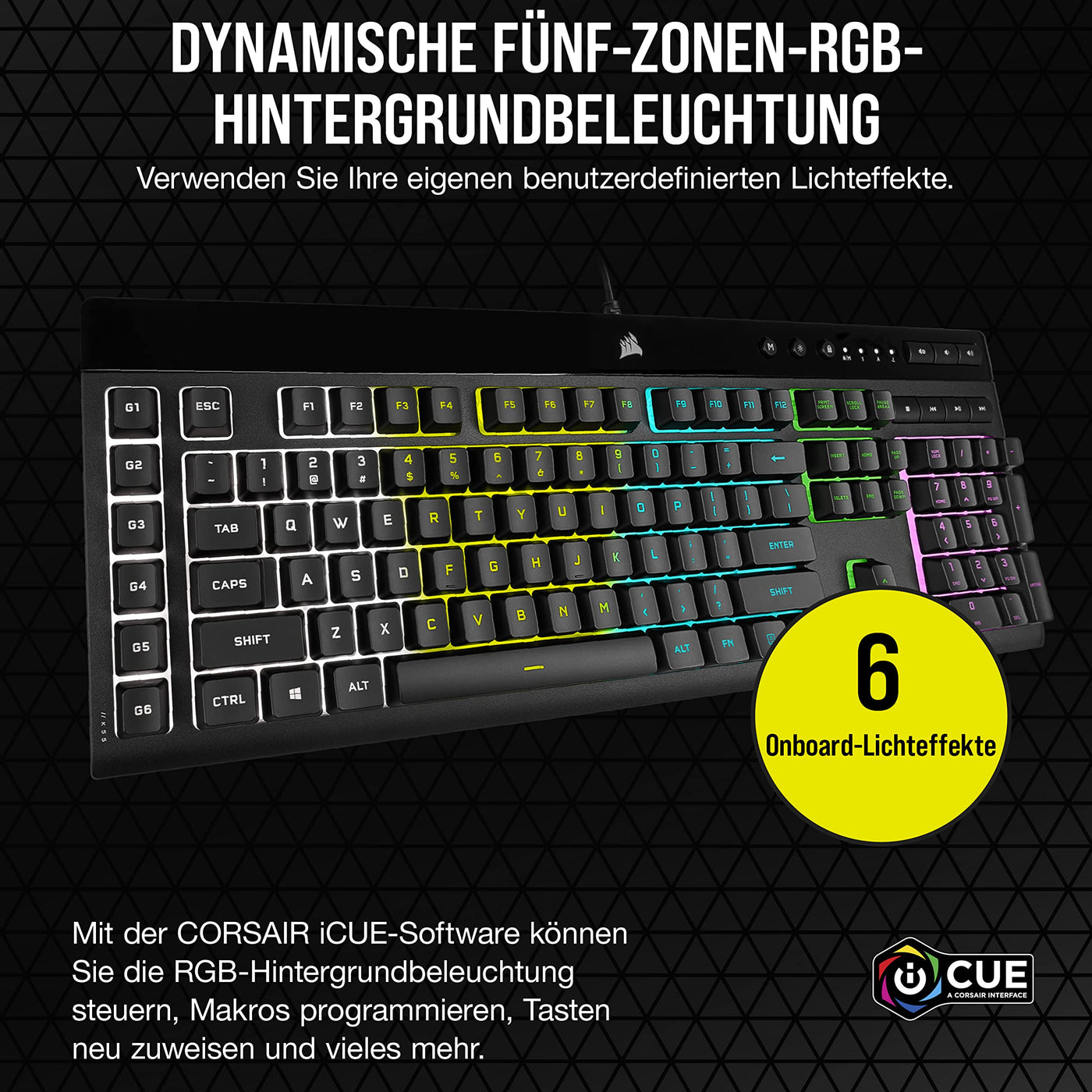 CORSAIR K55 RGB PRO Kabelgebundene Membrantastatur - IP42 staub- Und Spritzwassergeschützt - 6 Makro-Tasten Mit Elgato-Integration - iCUE-Kompatibel - QWERTZ DE - PC, Mac, Xbox - Schwarz