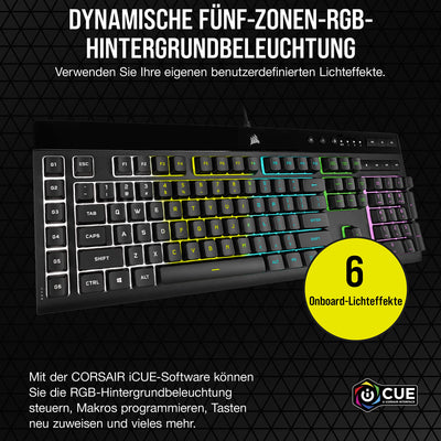 CORSAIR K55 RGB PRO Kabelgebundene Membrantastatur - IP42 staub- Und Spritzwassergeschützt - 6 Makro-Tasten Mit Elgato-Integration - iCUE-Kompatibel - QWERTZ DE - PC, Mac, Xbox - Schwarz