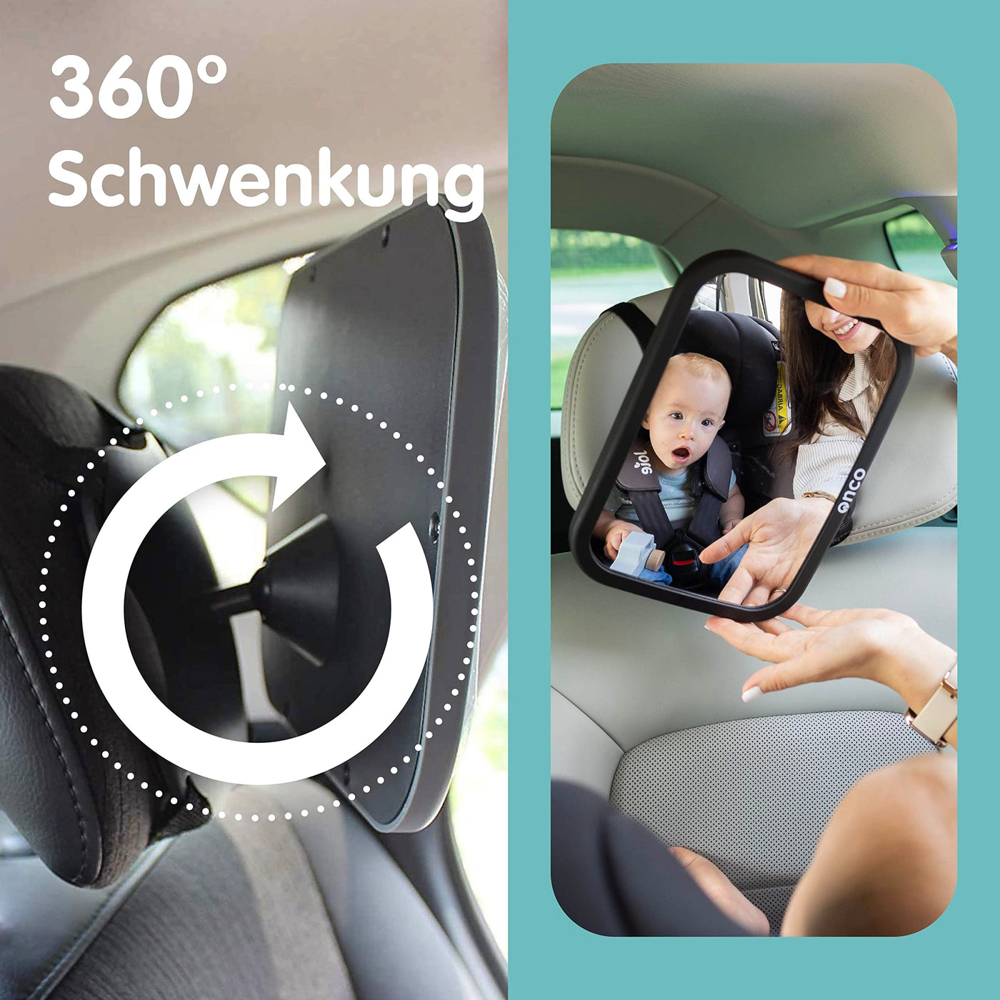 Onco 360° Baby Autospiegel - 2024 & 2023 Preisgekrönter Auto Spiegel für Baby Rücksitz, 100% Bruchsicherer & Schwenkbarer Rücksitzspiegel, Baby Erstausstattung, Universeller Baby Spiegel Auto