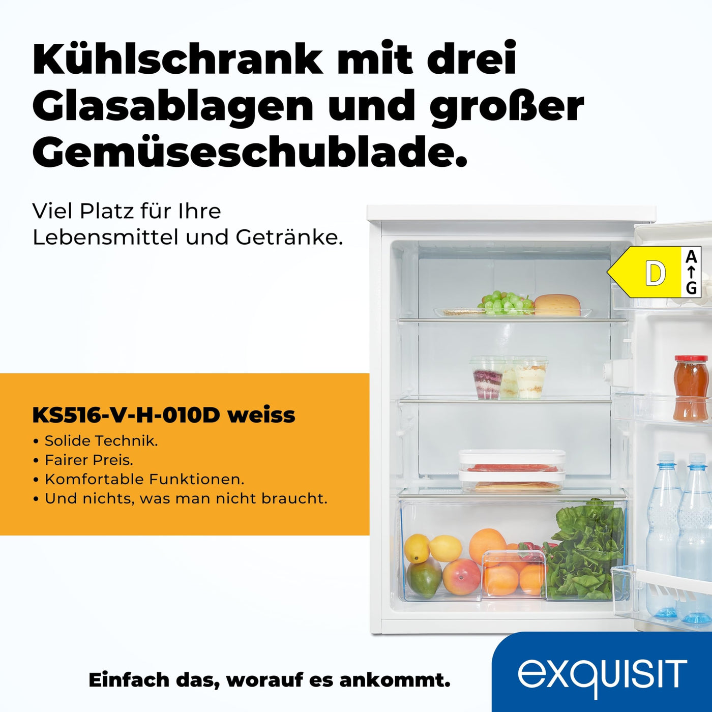 Exquisit Kühlschrank ohne Gefrierfach, 133 Liter, Vollraumkühlschrank freistehend, Türanschlag Wechselbar, KS516-V-H-010D weiss