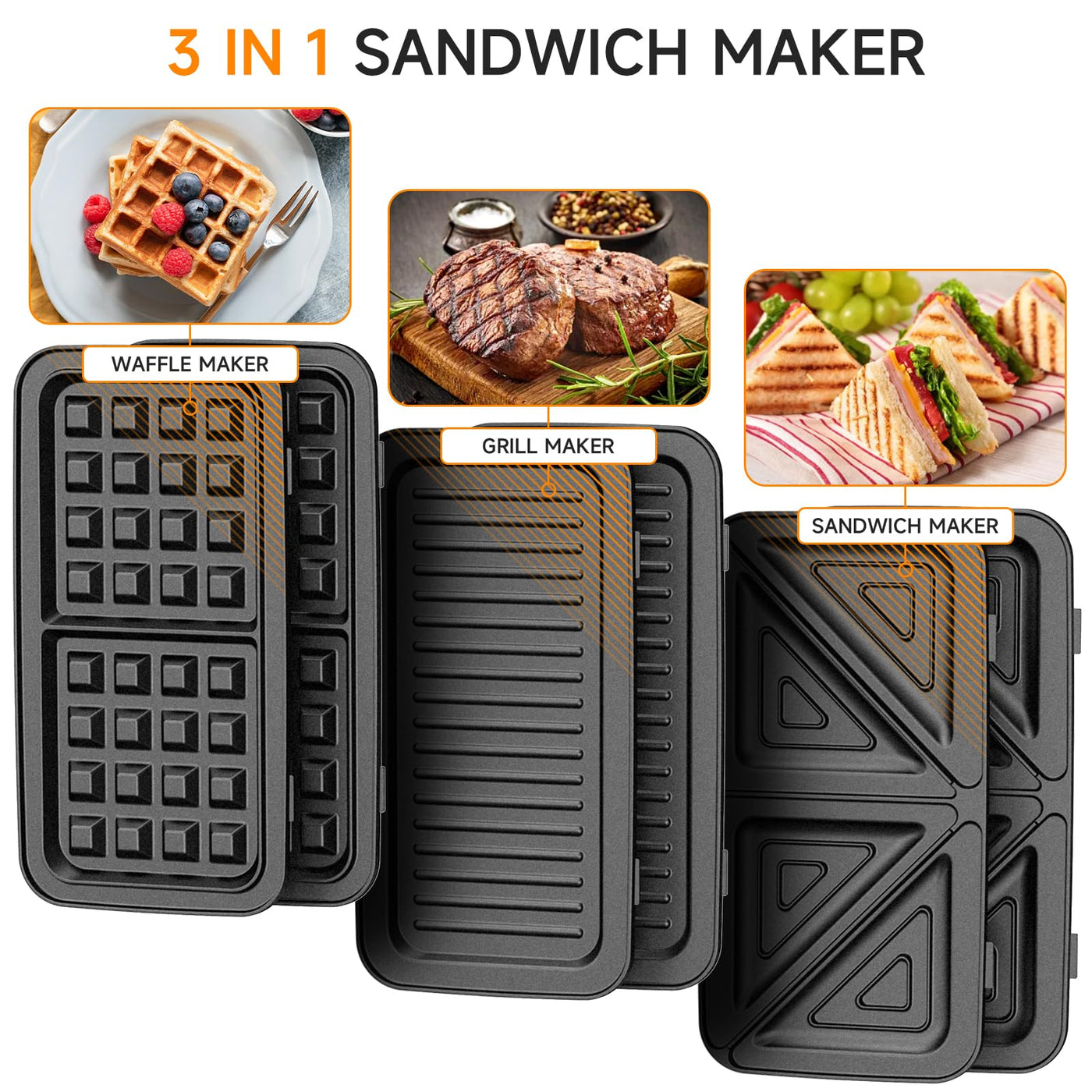 Sandwichmaker 3 IN 1, 1200W & 5-Gang-Temperaturregelung Waffeleisen, Sandwichtoaster, Kontaktgrill mit 3 Antihaftplatten für Sandwich, Waffeln, Fleisch, LED-Leuchten, Cool-Touch-Griff