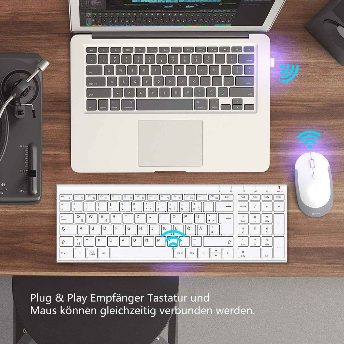 2.4G Maus Set kabellos, iClever Aluminium Wireless Slim Tastatur QWERTZ Layout (Deutsch), für Computer/Desktop/PC/Laptop/Oberfläsche/Smart TV und Windows 10/8/7/Vista/XP (2.4GHz, USB)