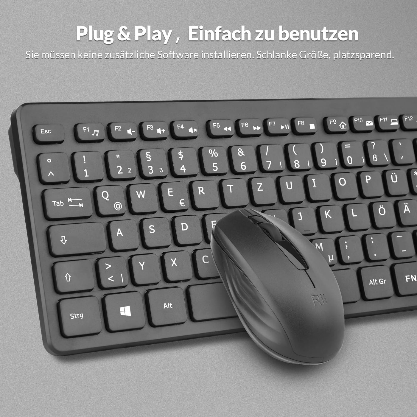 【2-Pack】 Rii Tastatur Maus Set kabellos, Funktastatur mit Maus, Wireless Keyboard and Mouse, Für PC/Laptop/Windows/Smart TV, Deutsches Layout - schwarz