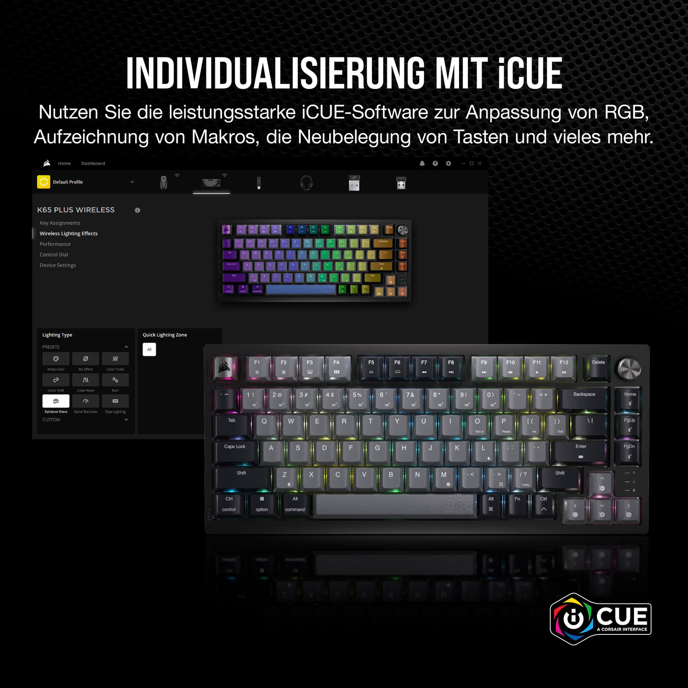 CORSAIR K65 Plus Wireless 75% RGB Hot-Swap-Fähige Mechanische Gaming-Tastatur - Vorgeschmierte MLX Red Linear Switches - Dual-Layer Sound Dampening - PBT Keycaps - QWERTZ DE - Schwarz