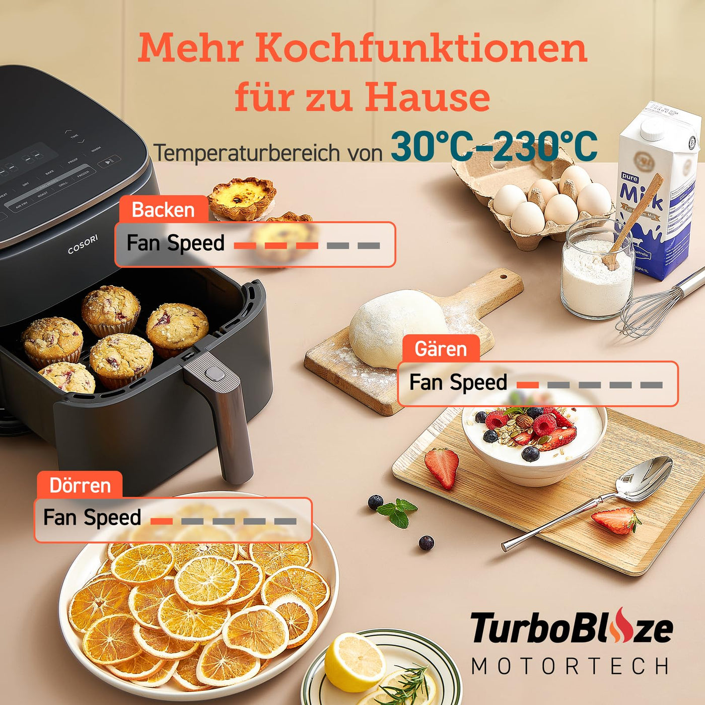 Cosori Turboblaze Heißluftfritteuse Airfryer, 9-in-1 Air Fryer XXL 6L, leiser DC Motor mit 5 Geschwindigkeitsstufen, Grillen, Backen, Gären, Dehydrieren, Tiefkühlen, 87 Rezepte, 64% energiesparend