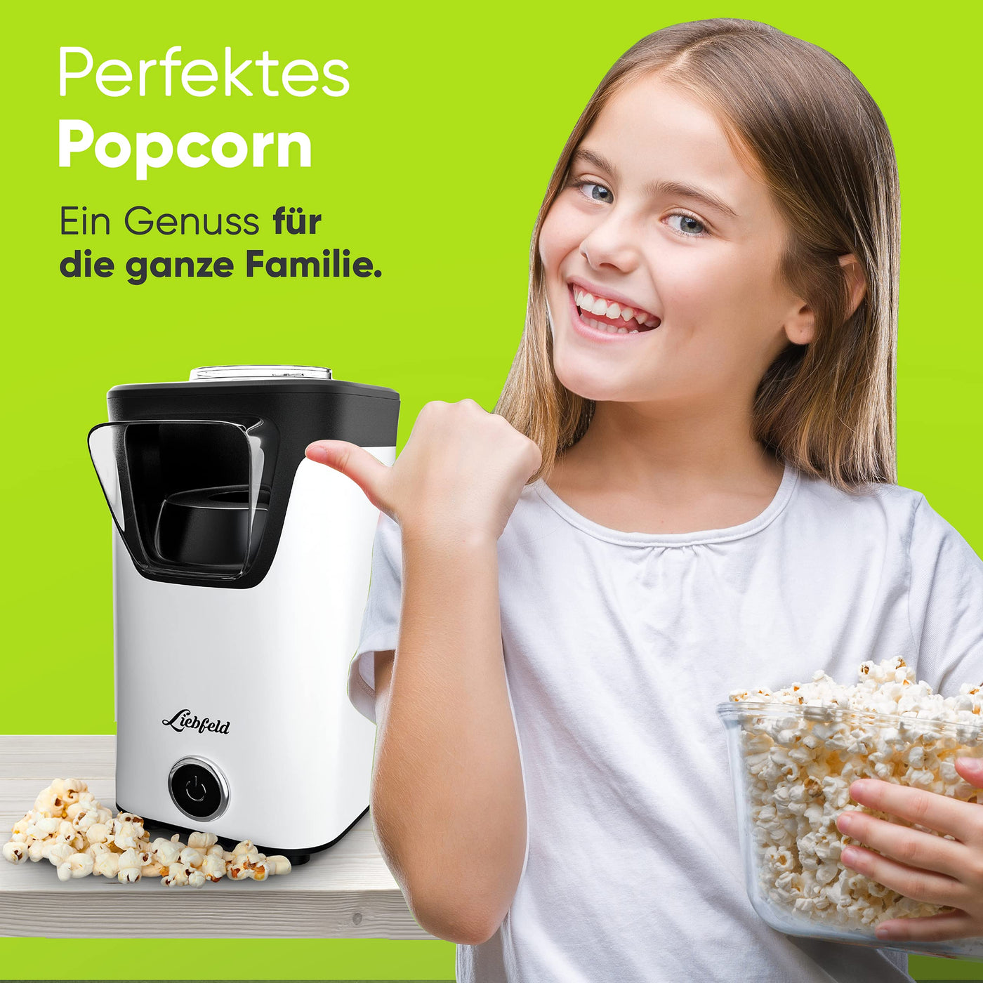 ﻿Liebfeld Popcornmaschine - Heißluft Popcorn Maker ohne Fett & Öl - Retro Küchen Gadget für Pop Mais mit Zucker, Salz - Cooler Snack Automat (Weiß)