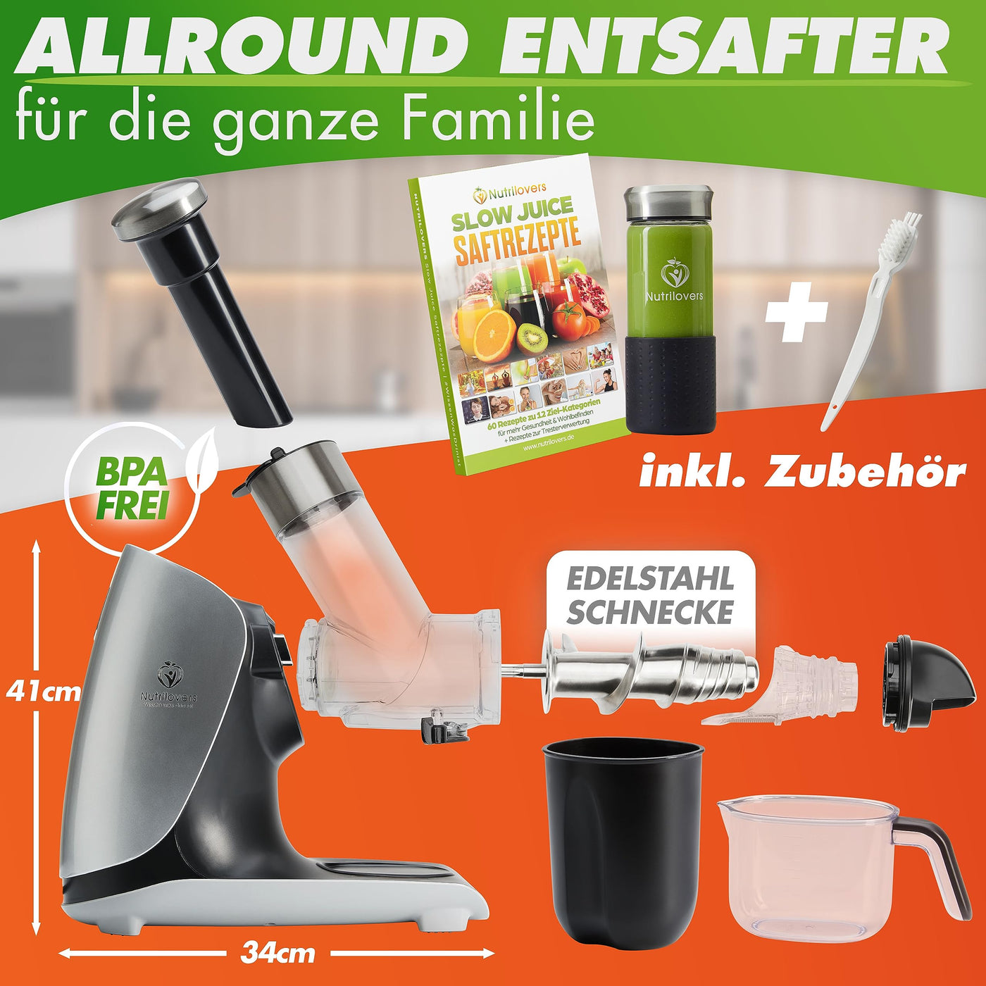 GREEN-PRESS EDELSTAHL Slow Juicer 304 Edelstahl Schnecke BPA-frei I DEUTSCHE MARKE I Ganze Früchte Sellerie Gemüse und Obst Entsafter Testsieger 2023 Allrounder Saftpresse elektrisch