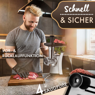 Bomann® Fleischwolf 1000W | mit Aufsatz für Plätzchen & Spritzgebäck | Fleischwolf elektrisch | 3 Metall-Scheiben | Vor-/Rücklauf | Fleischwolf mit Wurstfüller | Metall-Hals u. Schnecke | FW 6067 CB