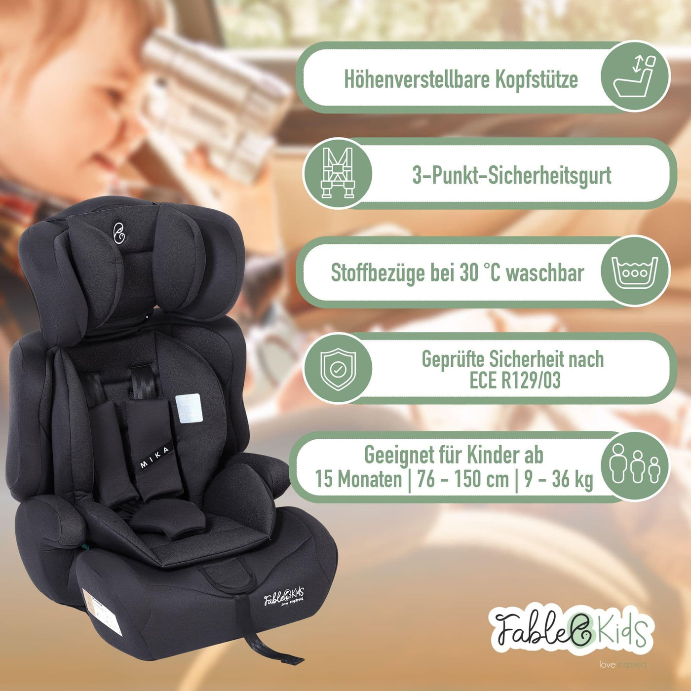 FableKids Kinderautositz | 3-Punkt-Sicherheitsgurt | Autokindersitz ab 15 M. | Autositz für Kinder 76-150 cm | Kindersitz einstellbare Kopfstütze | ECE R129/03 | Verstellbar 44,5x41x68-75cm | Schwarz