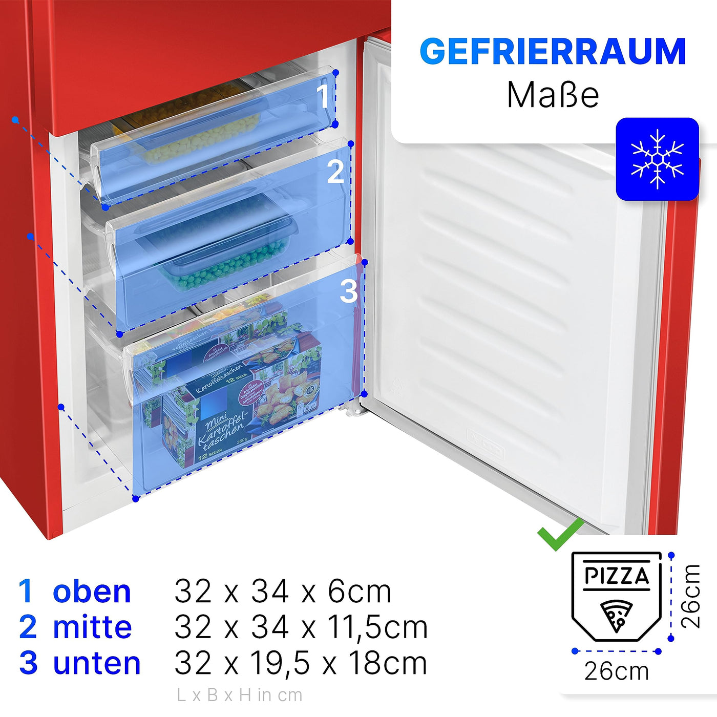 Bomann® Kühlschrank mit Gefrierfach 143cm hoch | Kühl Gefrierkombination 175L mit 3 Ablagen & 3 Schubladen | Türanschlag wechselbar | leise Kühlgefrierkombi 39db | Kühlschrank KG 320.2 rot