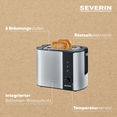 SEVERIN Automatik-Toaster, Toaster mit Brötchenaufsatz, hochwertiger Edelstahl Toaster zum Toasten, Auftauen und Erwärmen, 800 W, Edelstahl-gebürstet/schwarz, AT 2589