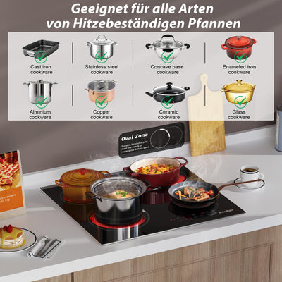 Cooksir Glaskeramikkochfeld mit Rahmen, Einbau 4 Kochfelder, Duale und Ovale Zonen fur Gril, Kochfeld Autark 59cm, 6700W, Sicherheitsschloss, Kein Stecker