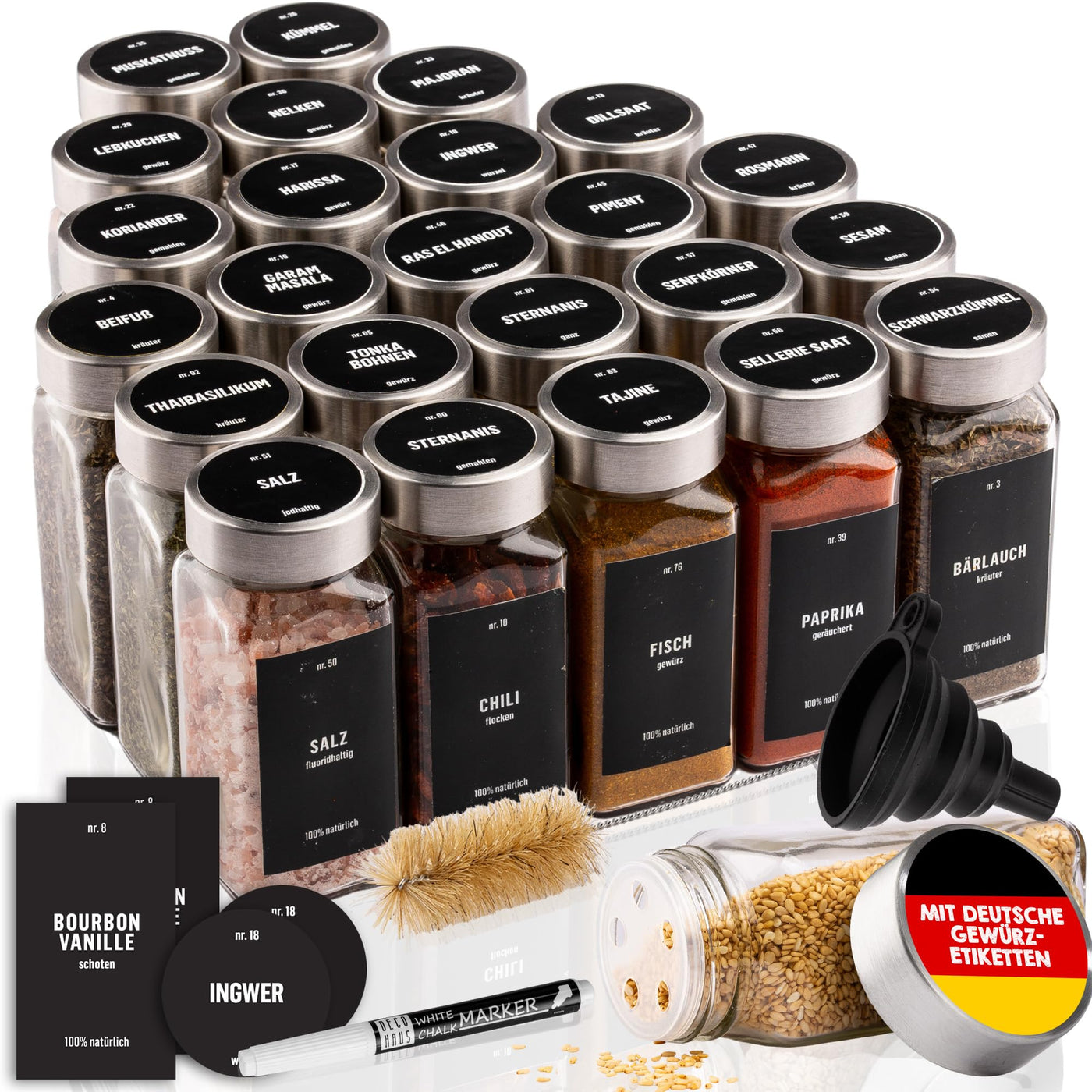 Deco haus® Gewürzgläser eckig luftdicht 24er Set [inkl. Etiketten & Streueinsatz] - Gewürzdosen Set Glas - Gewürzbehälter Spice Jars - Gewürze Aufbewahrung - Gewürz Organizer - Gewürzaufbewahrung