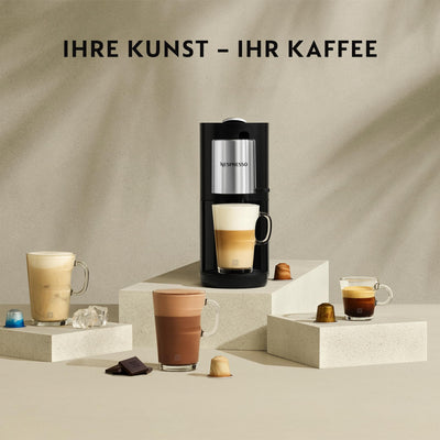 Krups XN8908 Nespresso Atelier Kaffeemaschine mit Milchaufschäumer | 1 L Wassertank | inkl. Glastasse+Kapseln | 19bar Druck | schwarz/ silber