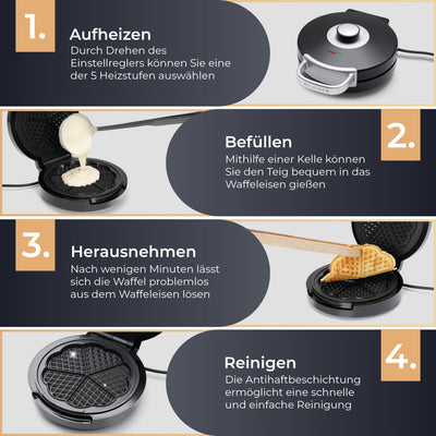 KLAMER Waffeleisen Herzwaffel, Waffeln in Herzform, 5 Stufen, hochwertige Antihaftbeschichtung, leichte Reinigung, 1.000W, schwarz