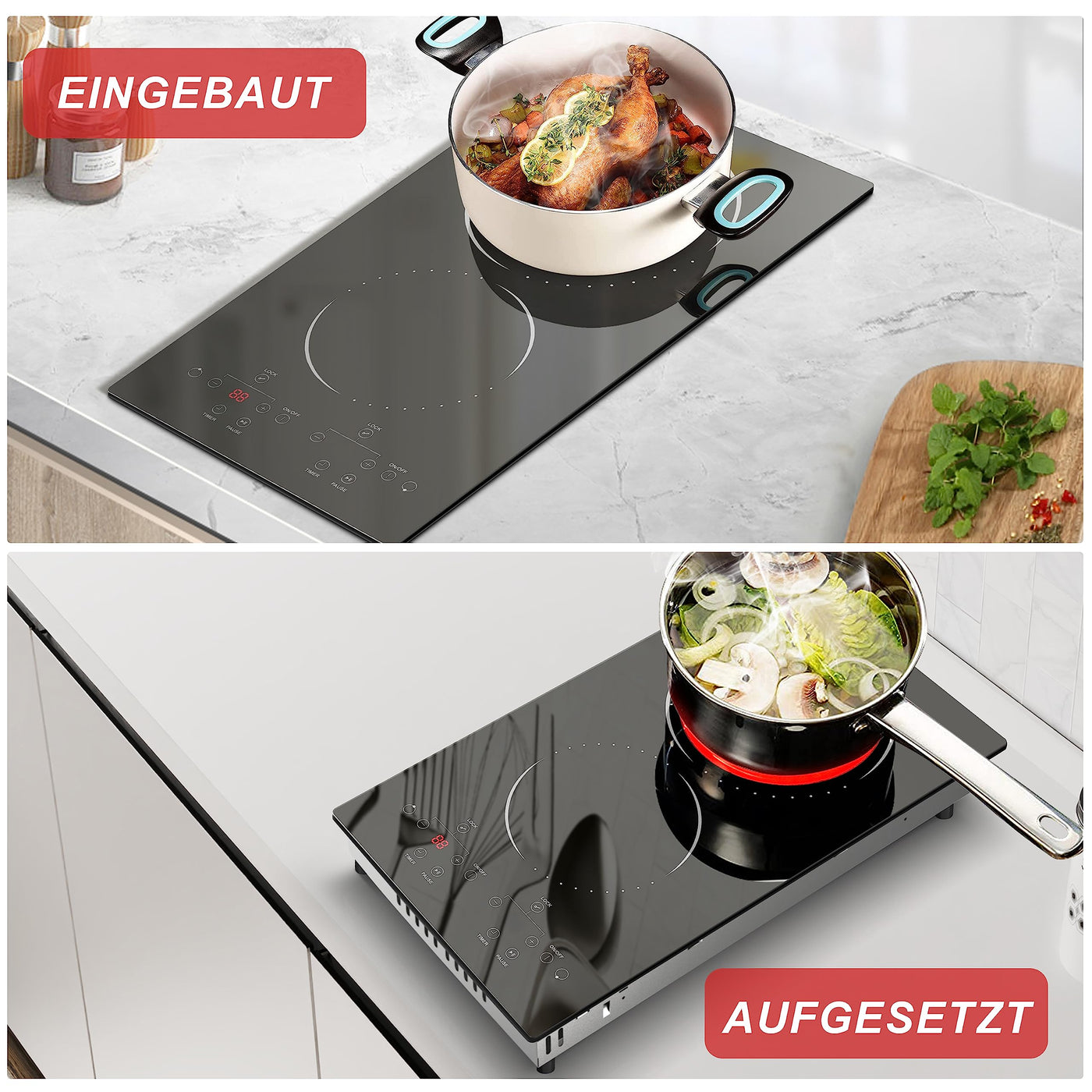 Glaskeramikkochfeld 2 Zonen mit Stecker, Hobsir Einbau Kochfelder 30cm, 3000W, Touch-Steuerung, Doppelte Zone, 9 Heizstufen, Sicherheitssperre, Zeitschaltuhr