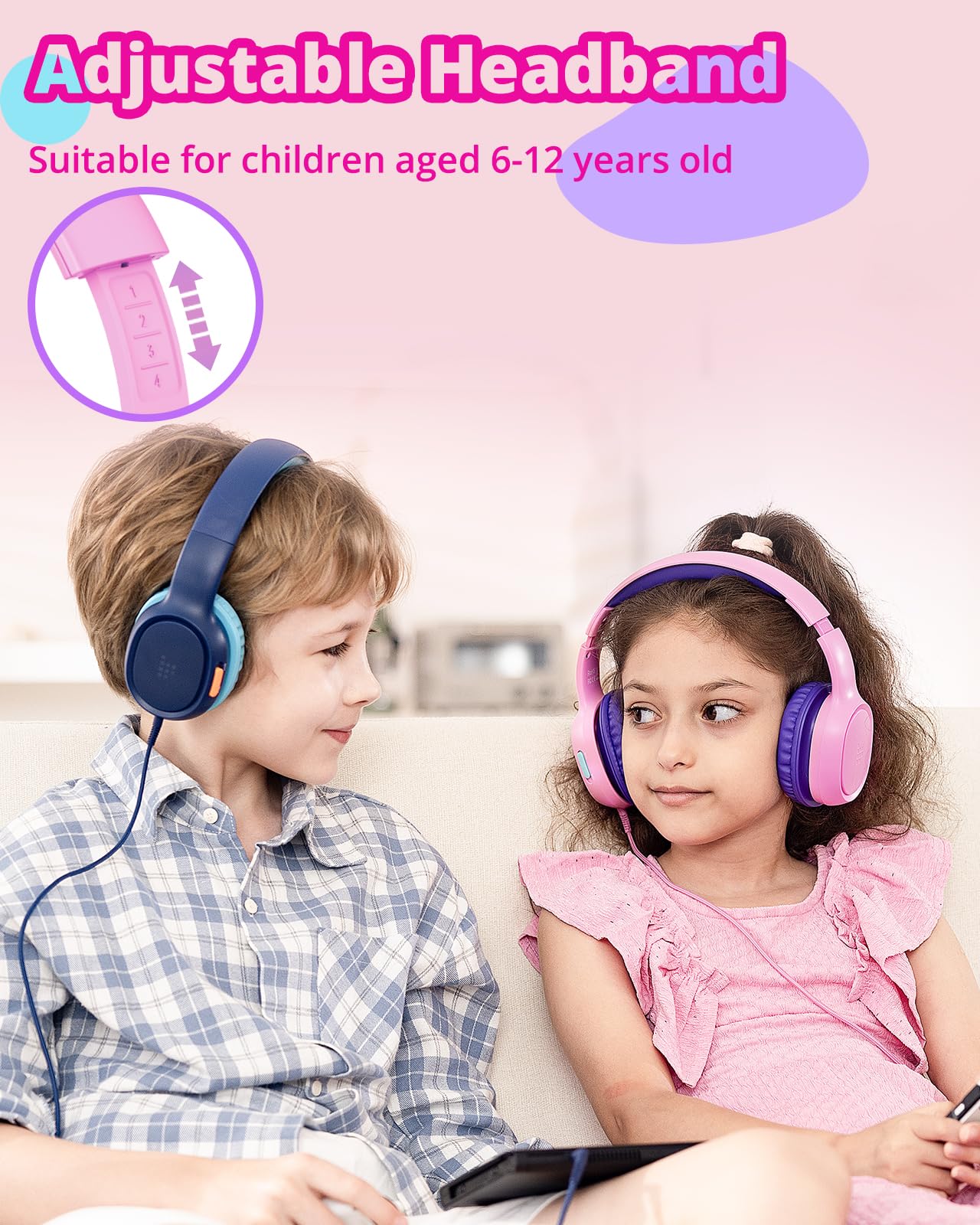 Tronsmart KH01 Kopfhörer Mit Kabel Kinder, Faltbarer Kopfhörer Kinder, 85/93 dBA Lautstärkebegrenzung, Stereo Sound, Kopfhörer Kinder Mit Kabel, Einstellbar, für Zum Lernen Und Zur Unterhaltung, Rosa