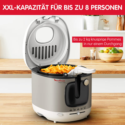 Moulinex AM4800 Mega 2kg Fritteuse | Fritteuse mit Öl | Anti-Geruchs-Filter | regelbare Temperatur | leichte Reinigung | knusprige Pommes | 1.800 Watt | für bis zu 8 Personen | Weiß/Silber | Gross