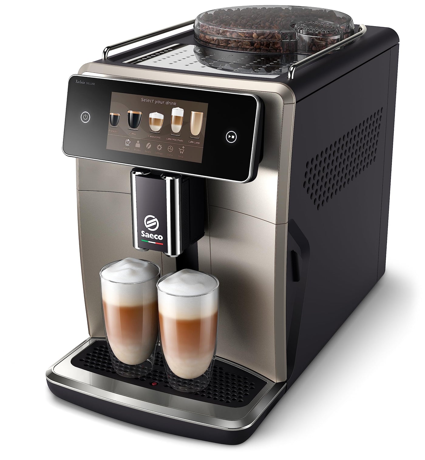 Saeco Xelsis Deluxe Kaffeevollautomat – WLAN-Konnektivität, 22 Kaffeespezialitäten, Intuitives 5"-Touchdisplay, 8 Benutzerprofile, Keramikmahlwerk, ‎Metall (SM8782/30)