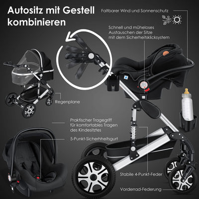 KESSER® Loops 3 in 1 Kinderwagen Kombikinderwagen Komplett-Set inkl. Babywanne & Buggy Sportsitz & Auto-Babyschale Voll-Gummireifen Wickeltasche Regenschutz Kindertisch ECE R129, Schwarz/Silber