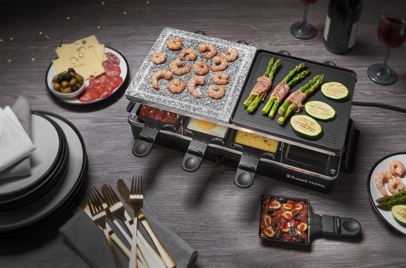 Russell Hobbs Raclette Grill 8 Personen [inkl. 8 Pfännchen und Holzspachtel, 2 Tischgrill-Platten] Multi-Grill (Naturstein mit Saftrinne, antihaftbeschichtete Wendeplatte geriffelt) Schwarz,26280-56