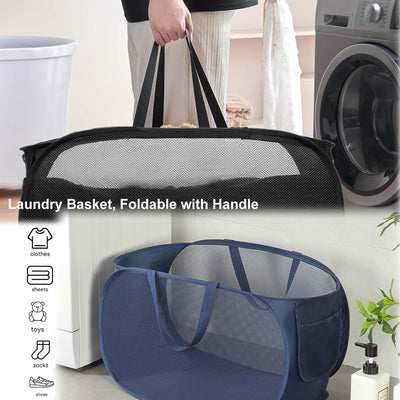 2 Stück Pop Up Wäschekorb, Wäschekorb Faltbar Groß 36x36x58cm Wäschekorb Klappbar mit Griff Atmungsaktiver Wabennetz Foldable Laundry Basket für Heim Camping und Reisen