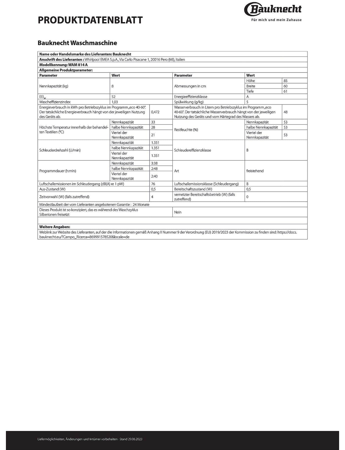 Bauknecht WAM 814 A Waschmaschine Frontlader/8kg/Energieeffizienzklasse A/Kurz 45/Anti-Allergie-Programm/Wolleprogramm/Kurz 30/Startzeitvorwahl/AutoClean/Flecken 40°