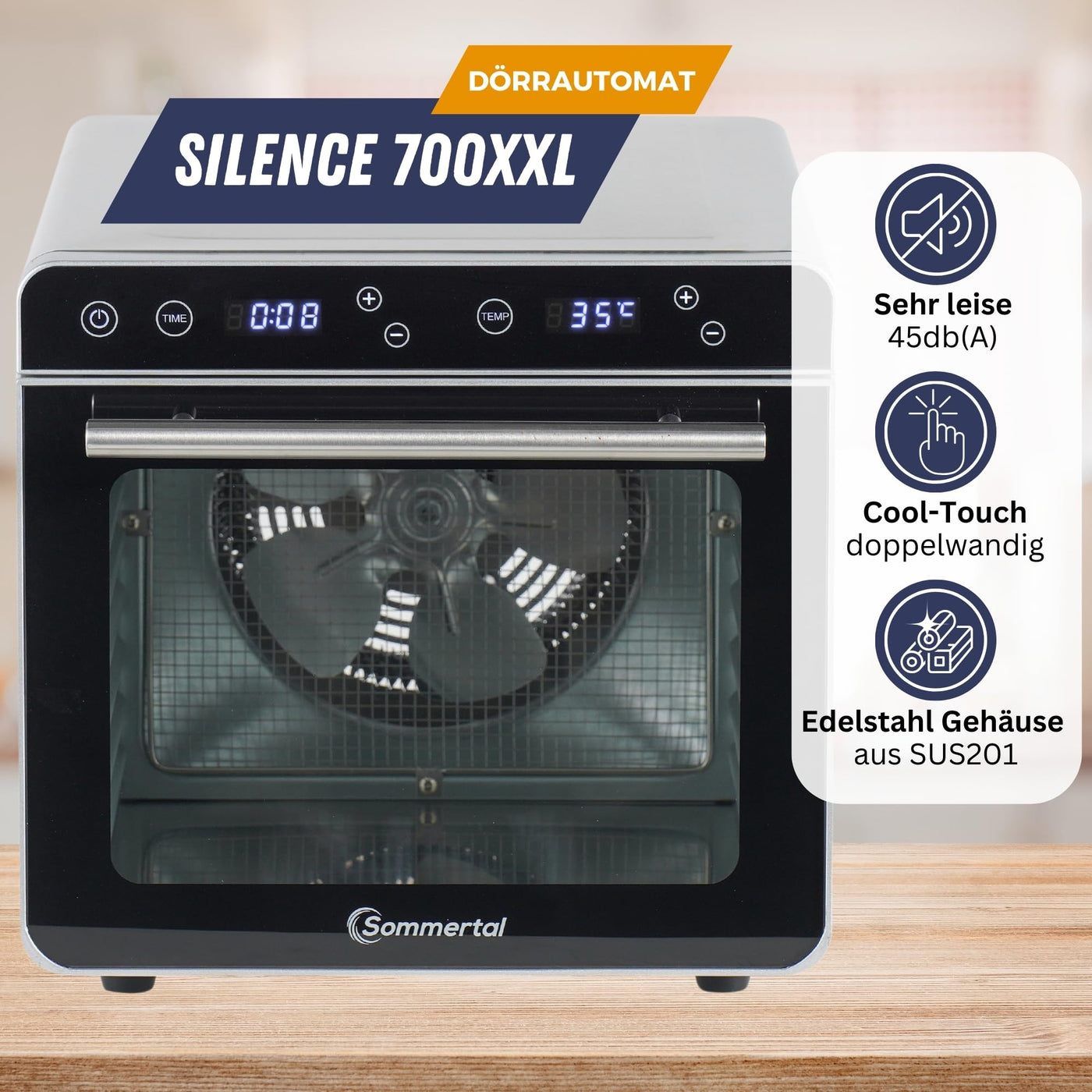 Sommertal Dörrautomat Silence 700 XXL inkl. 8 Edelstahl Dörrgitter, LED-Display, 24h Timer, Temperatureinstellung von (35°C–85°C) einstellbar, inkl. Kochbuch, Profi Dörrgerät, 700W Dehydrator