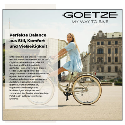 Goetze Mood 26 Zoll Damen Citybike, 17 Zoll Tiefeinsteiger Rahmen, 6-Gang Kettenschaltung, V-Bremse, LED-Beleuchtung, Gepäckträger, Komfortsattel, Schutzbleche, Rattankorb mit Stoffeinsatz!