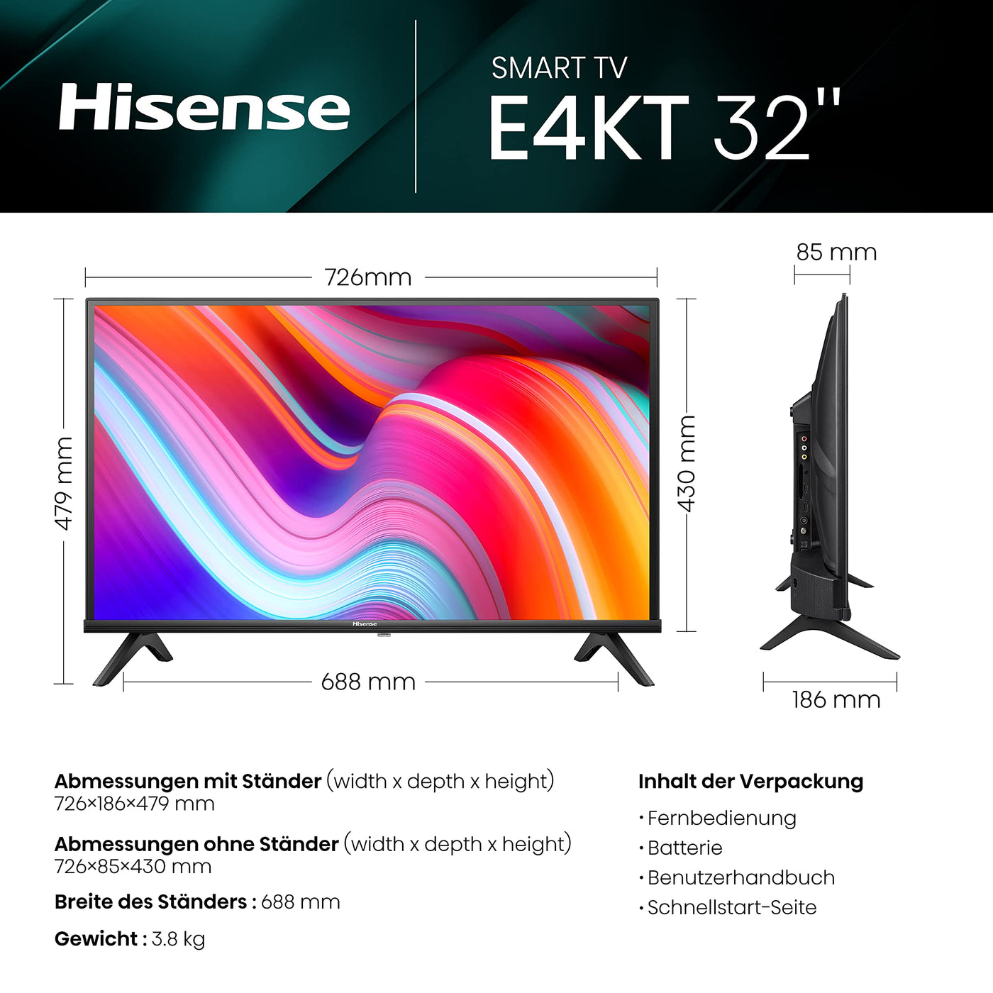 Téléviseur Hisense 32E4KT (32 pouces), HD Ready - Smart TV, Triple Tuner DVB-T2 / T/C / S2 / S, Fonctionne avec Alexa, WiFi, Mode Jeu, Mode Hôtel, Noir [2023], Système d'exploitation VIDAA U