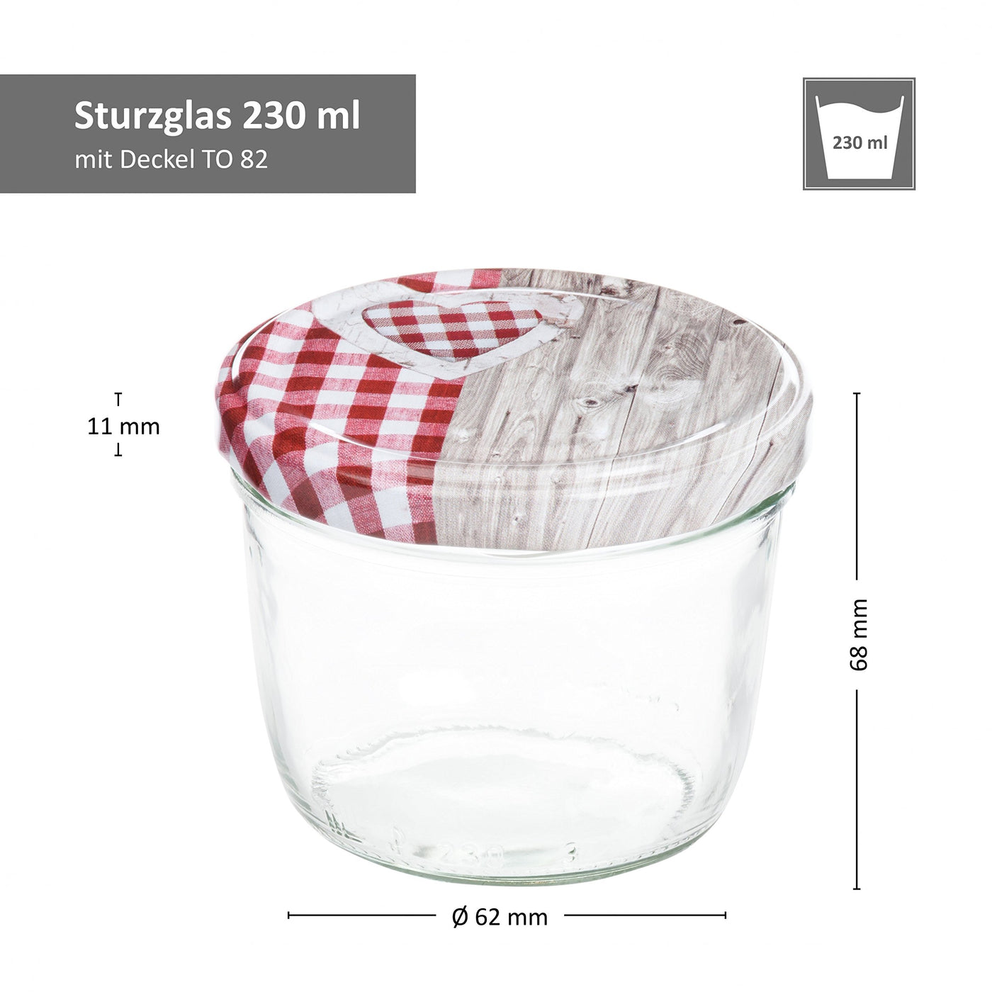 MamboCat 25er 230 ml Sturzglas-Set | Einmachgläser + Twist-Off-Deckel Holz-Herz rotkariert + GRATIS Rezeptheft | einkochen & konservieren | backofengeeignet