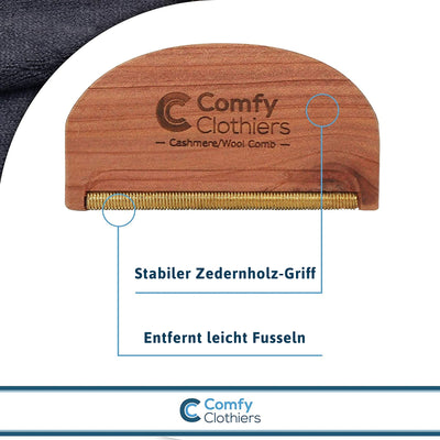 Comfy Clothiers Kamm aus Zedernholz, Kaschmir und feiner Wolle zum Enthaaren von Pullovern und Kleidung – entfernt Pillen, Fusseln und Flusen von Kleidungsstücken