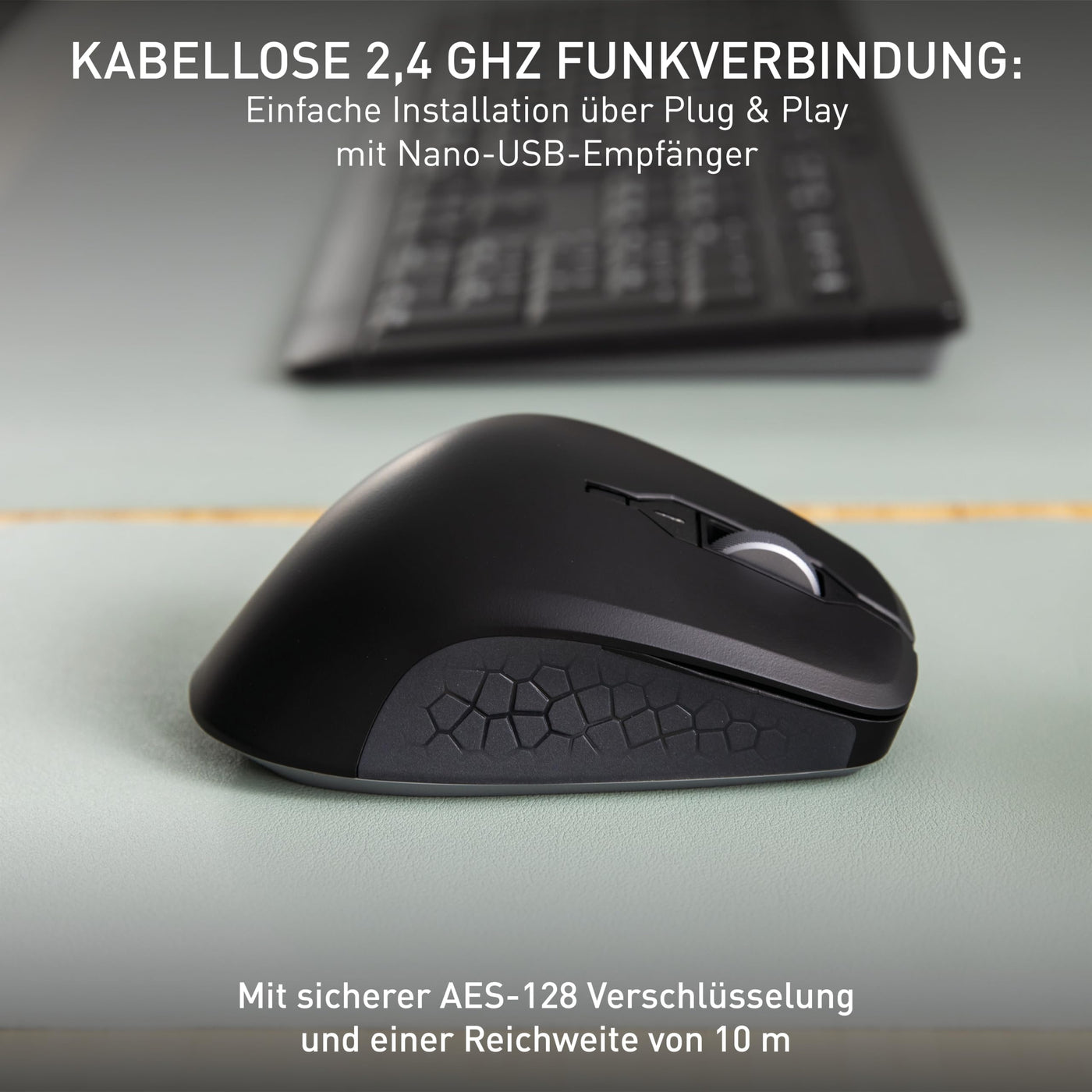 CHERRY STREAM MOUSE COMFORT, Kabellose Ergonomische Maus mit Gummierter Daumenauflage, Speziell für Rechtshänder, 2,4 GHz Funk, 6 Flüsterleise Tasten, Schwarz