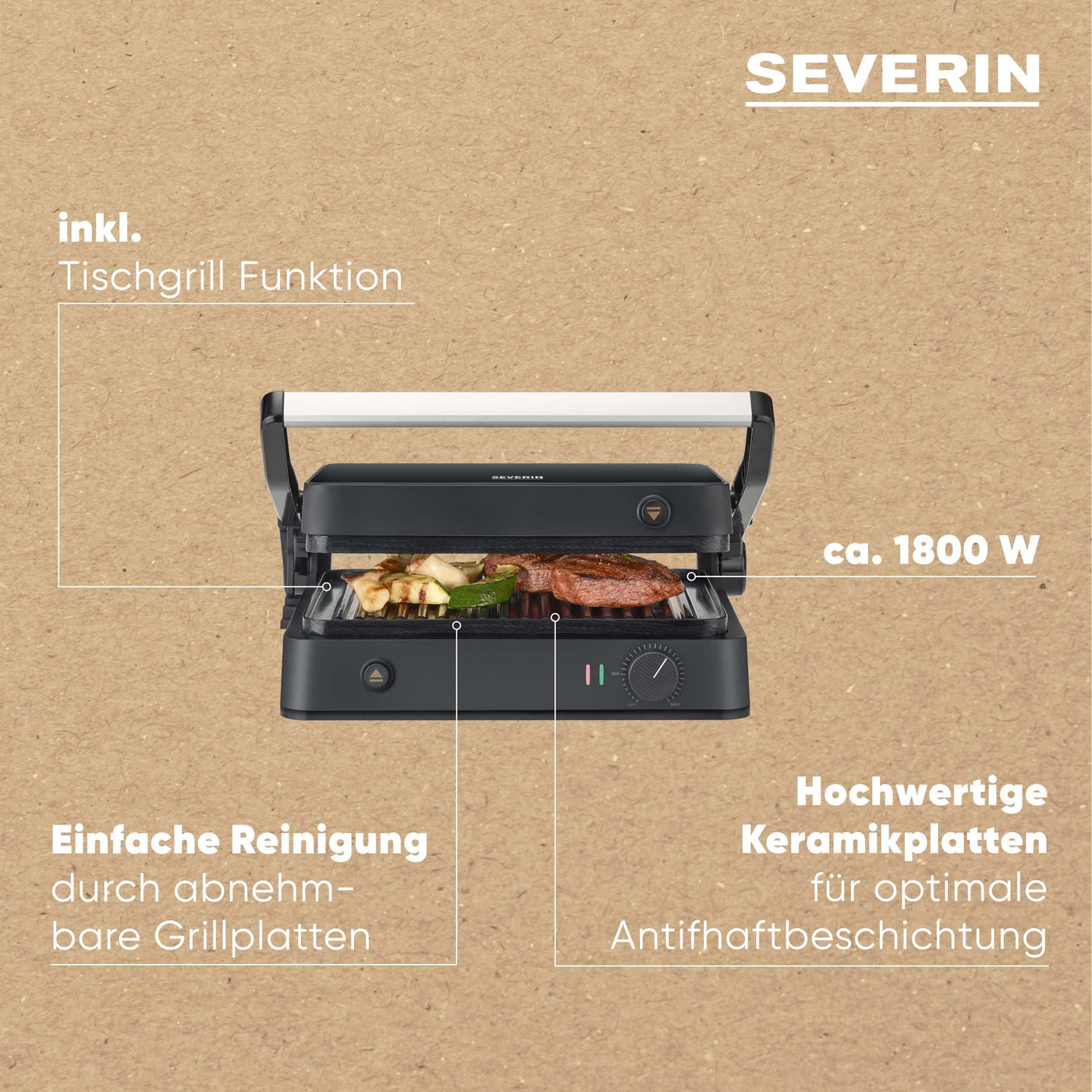 SEVERIN SEVINI Lite, Kontaktgrill für Fleisch, Fisch & Gemüse, Keramikbeschichteter Sandwich-Maker für fettfreies Grillen, Indoor-Grill bis zu 220°C Hitze, 1.800 W, schwarz, KG 2398