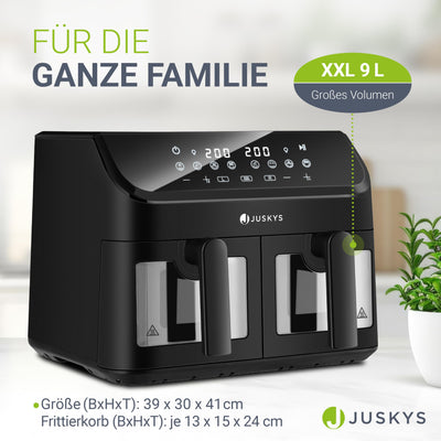 Juskys Heißluftfritteuse 9 L Doppelkammer - XXL Fritteuse mit 2 Körben, 9 Programme, Smart Finish, teflonbeschichtet