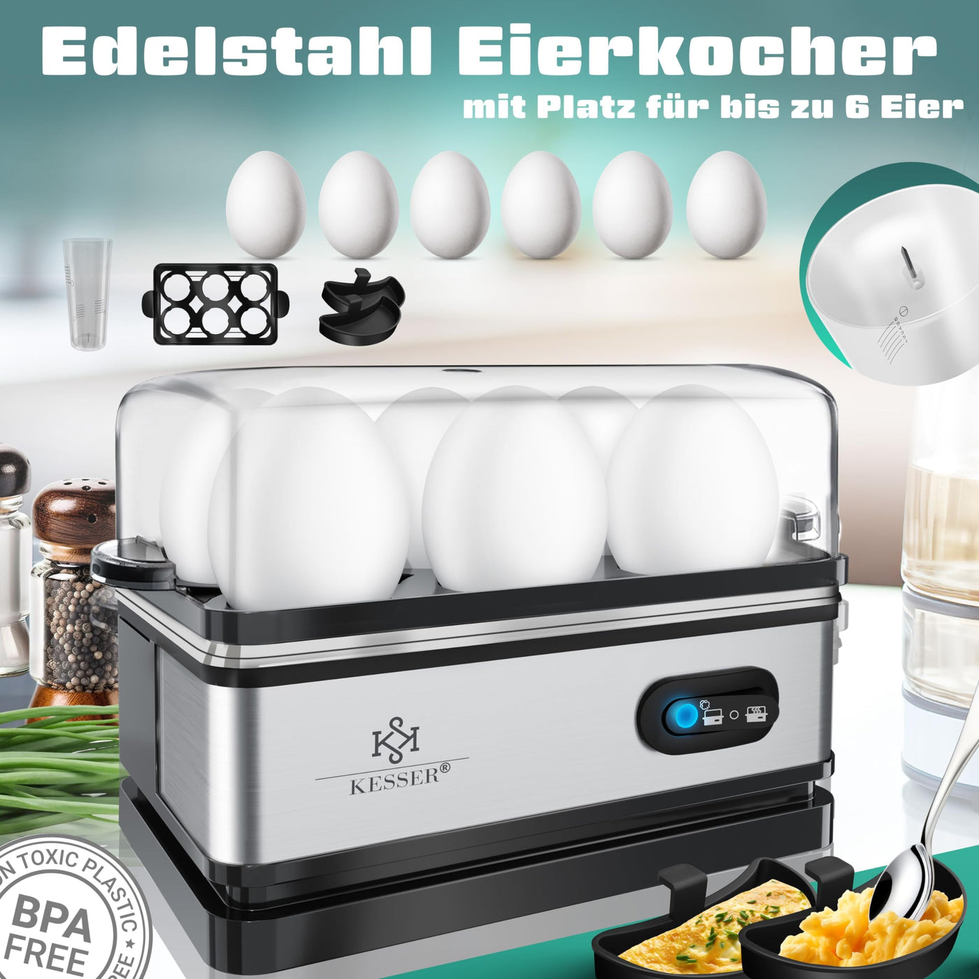 KESSER® Eierkocher für 1 bis 6 Eier elektrisch aus Edelstahl 400W & Warmhaltefunktion | Kipp-Funktionsschalter drei Härtegrade | BPA-Frei & Spülmaschinenfest | Messbecher & 2x Omlettschalen, Silber