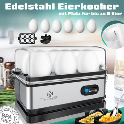 KESSER® Eierkocher für 1 bis 6 Eier elektrisch aus Edelstahl 400W & Warmhaltefunktion | Kipp-Funktionsschalter drei Härtegrade | BPA-Frei & Spülmaschinenfest | Messbecher & 2x Omlettschalen, Silber