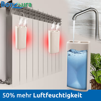 BonAura® Luftbefeuchter Heizung Keramik I Haken & Duftöl [4er Spar-Set, 400ml] I Wasserverdunster für Heizkörper mit Duft I Verdunster & Befeuchter Wasser Behälter