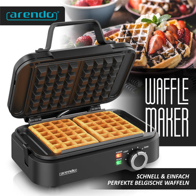 Arendo - Waffeleisen doppelt - belgische Waffeln - 1200 Watt – Waffelautomat – 2 Waffeln 12,6 x 8,6 cm - Antihaftbeschichtung – belgische Waffeln - Thermostat – Überhitzungsschutz - BPA und PFOA frei